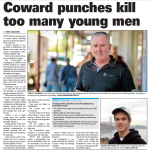 Tear-out of a newspaper article headlined Coward Punches Kill Too Many Young Men