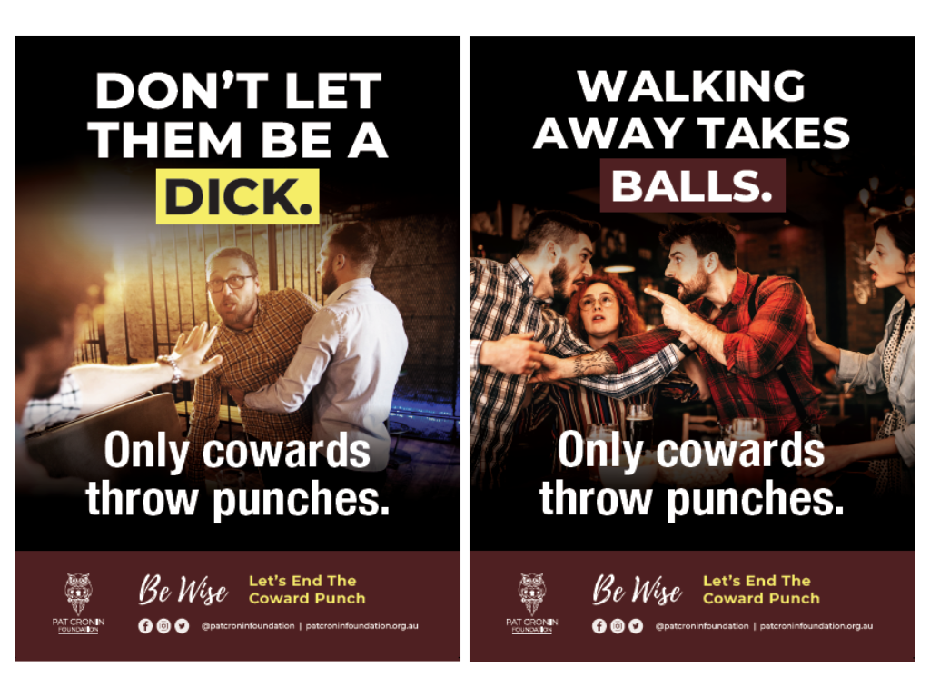 Left: Composite illustration for the Pat Cronin Foundation, with words Don’t let them be a dick. Only cowards throw punches. Right: Composite illustration for the Pat Cronin Foundation, with words Walking away takes balls. Only cowards throw punches.