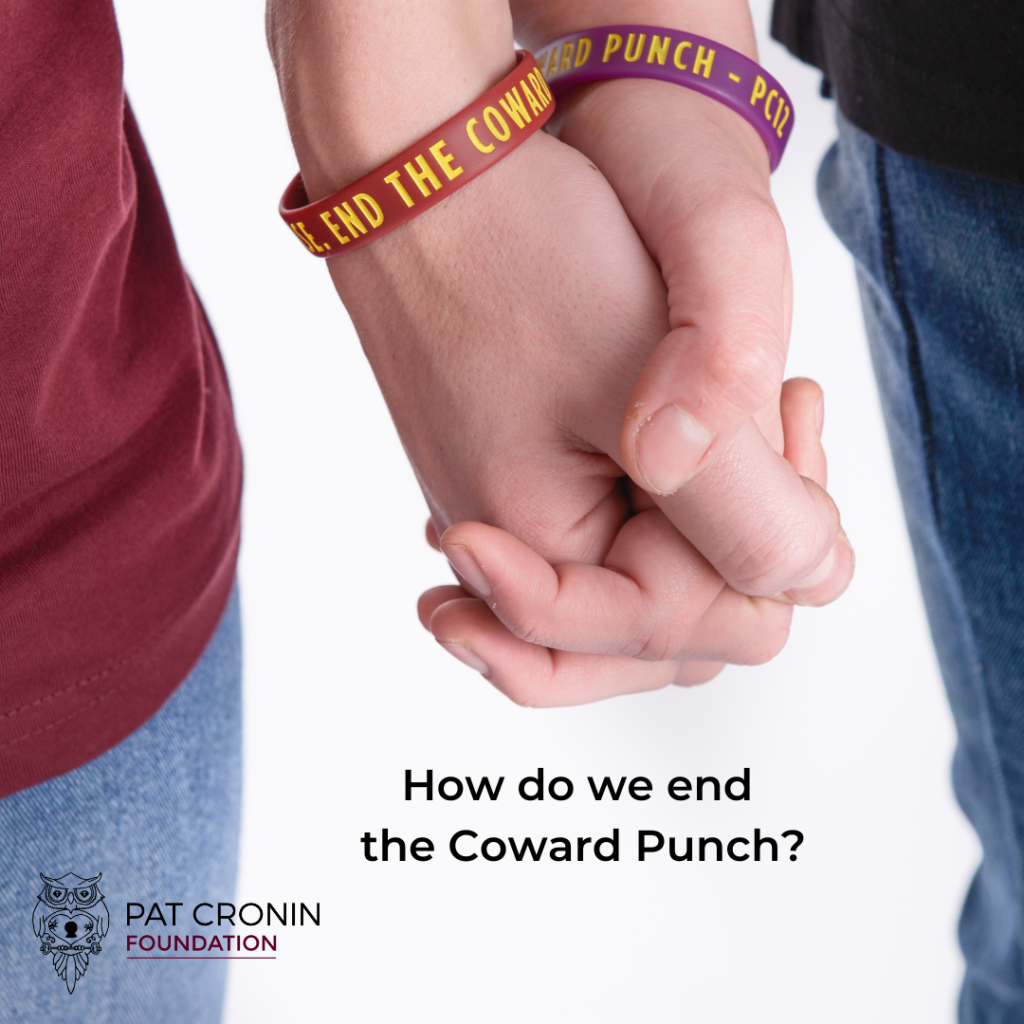 Composite image of two hands holding, beside the words How do end the Coward Punch?